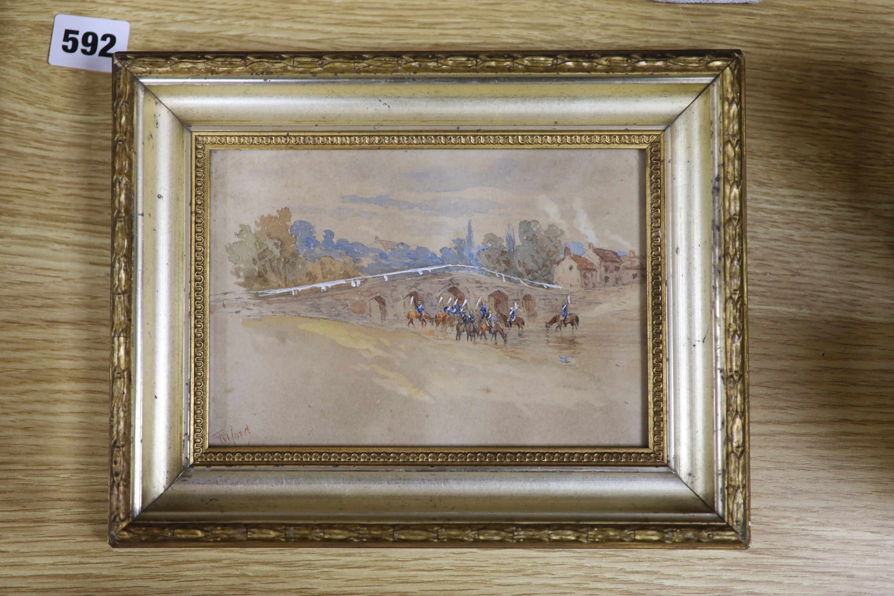 Tilford, watercolour, Cavalrymen watering horses in a landscape, signed, 12 x 17cm